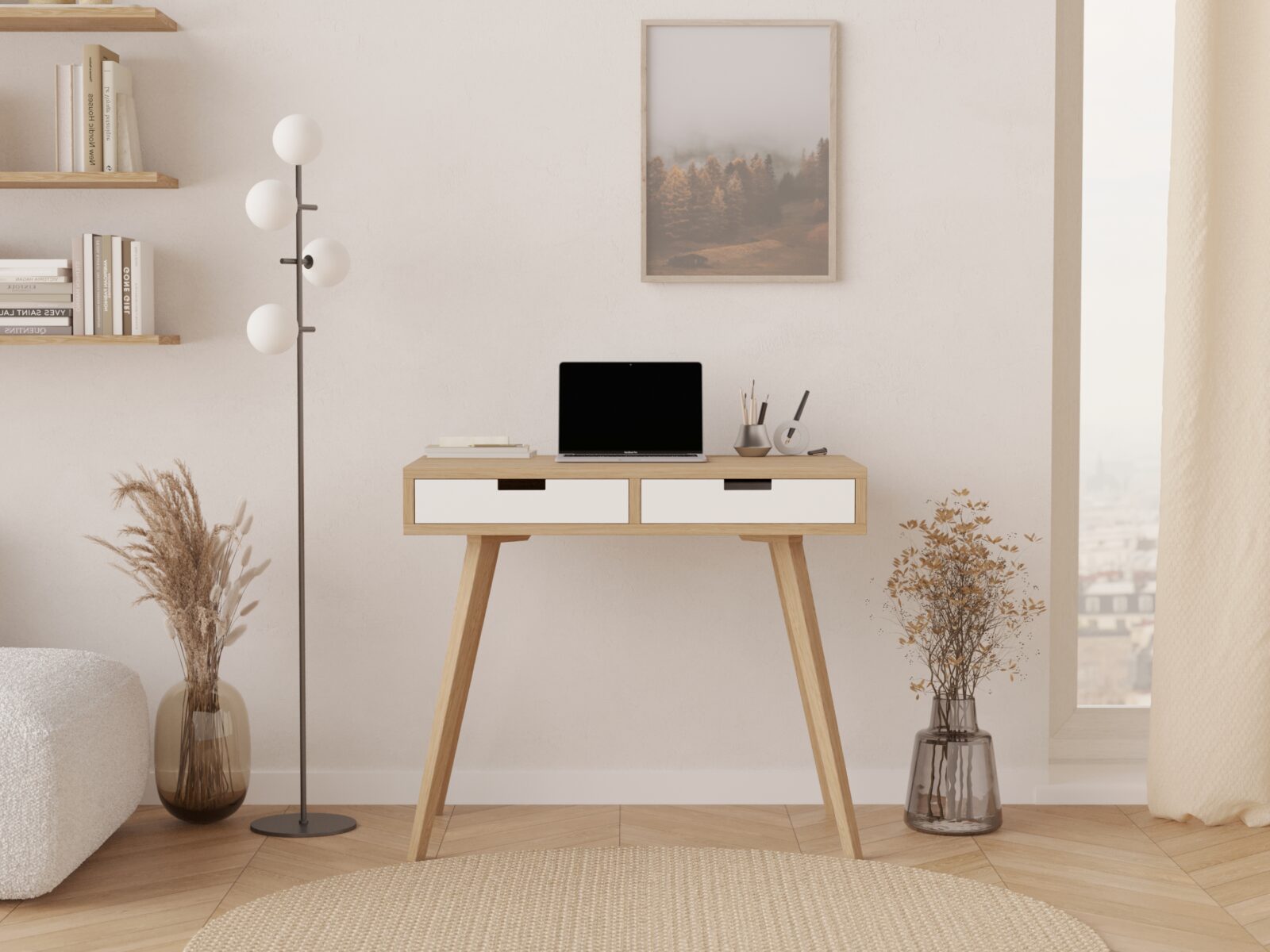 Moderný drevený písací stôl so 2 zásuvkami, 90 cm