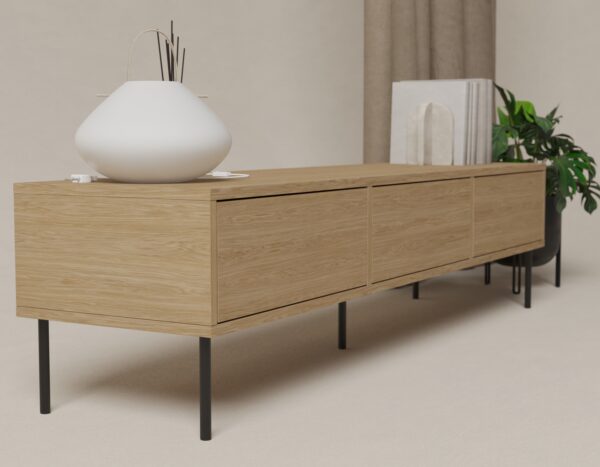 Moderný drevený TV stolík s kovovými nohami, 180 cm