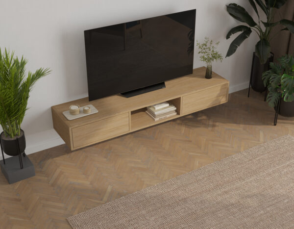 Moderný závesný dubový TV stolík, 180 cm