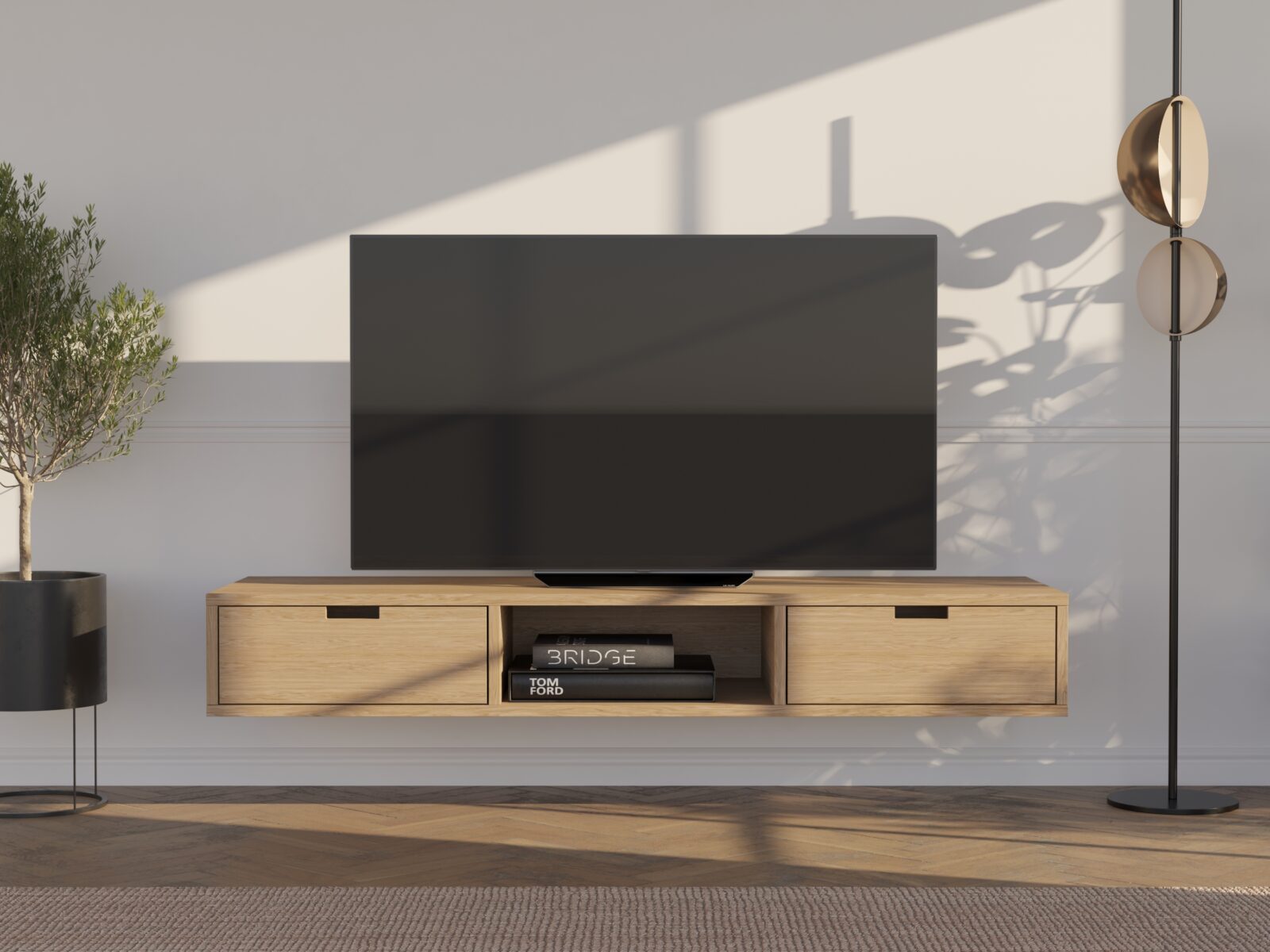 Závesný dubový TV stolík so zásuvkami, 150 cm