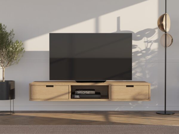 Závesný dubový TV stolík so zásuvkami, 150 cm