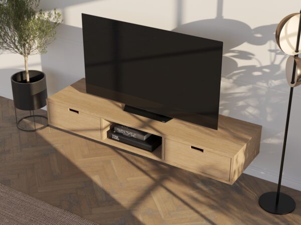 Závesný dubový TV stolík so zásuvkami, 150 cm