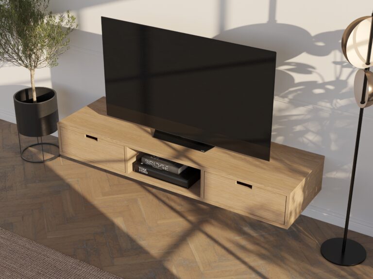 Závesný dubový TV stolík so zásuvkami, 150 cm