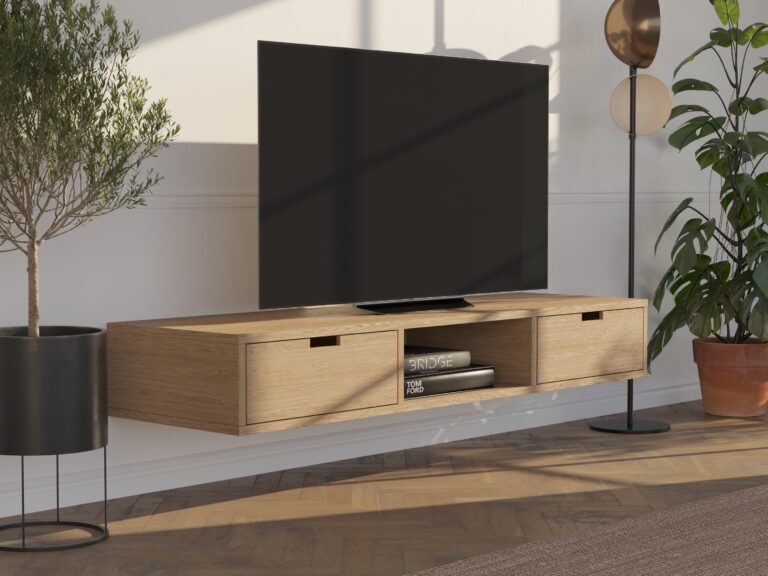 Závesný dubový TV stolík so zásuvkami, 150 cm