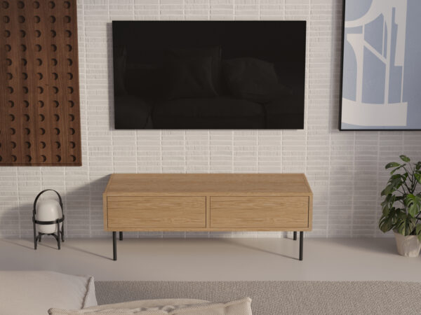 Industriálny kompaktný drevený TV stolík so zaoblenými hranami, 120 cm