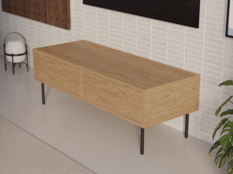 Industriálny kompaktný drevený TV stolík so zaoblenými hranami, 120 cm