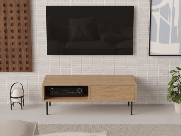 Industriálny kompaktný drevený TV stolík so zaoblenými hranami, 120 x 45 cm
