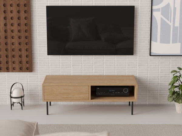 Industriálny kompaktný drevený TV stolík so zaoblenými hranami, 120 x 45 cm