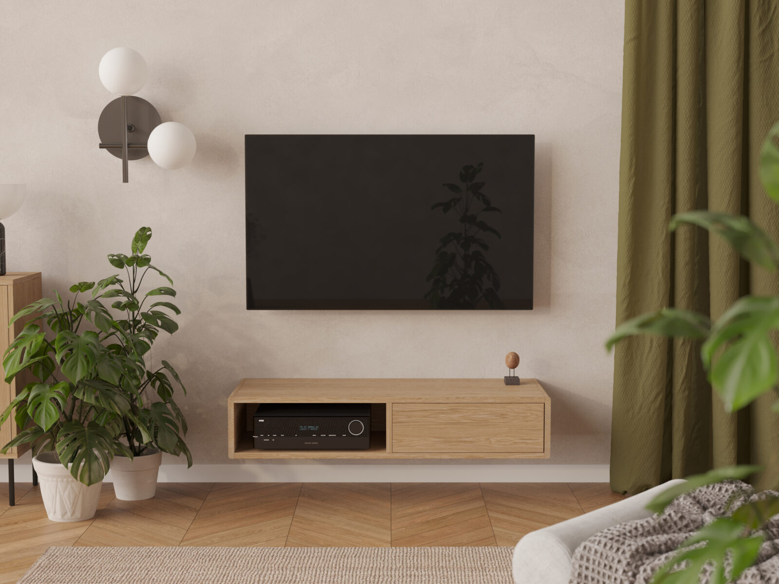 Moderný závesný drevený TV stolík, 120 cm