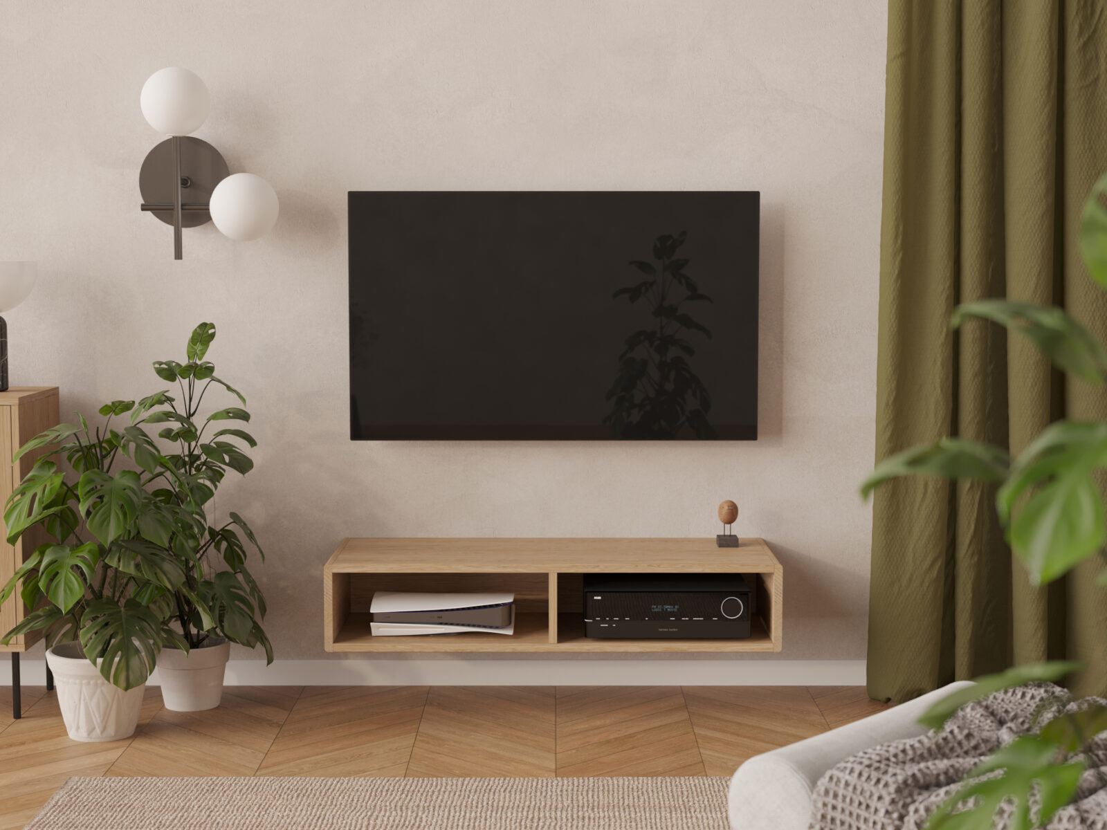 Závesný dubový TV stolík s otvorenou policou, 120 cm
