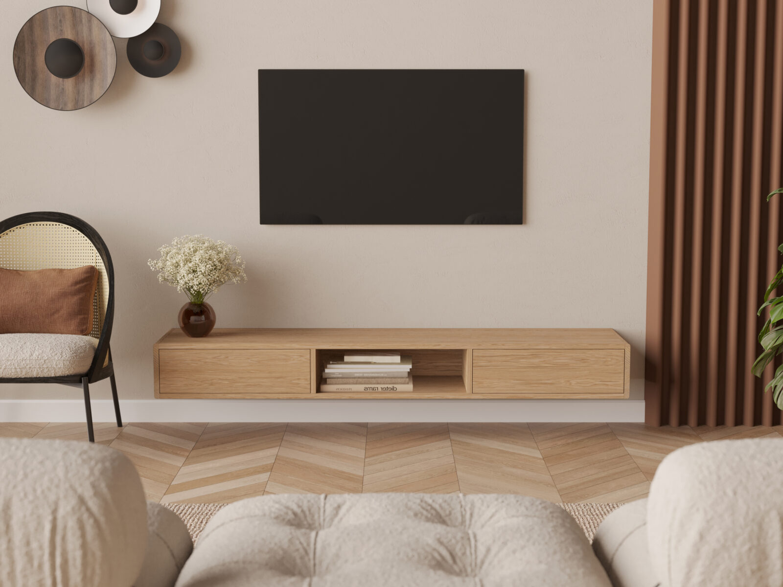 Závesný TV stolík z masívneho duba so zaoblenými hranami, 200 cm