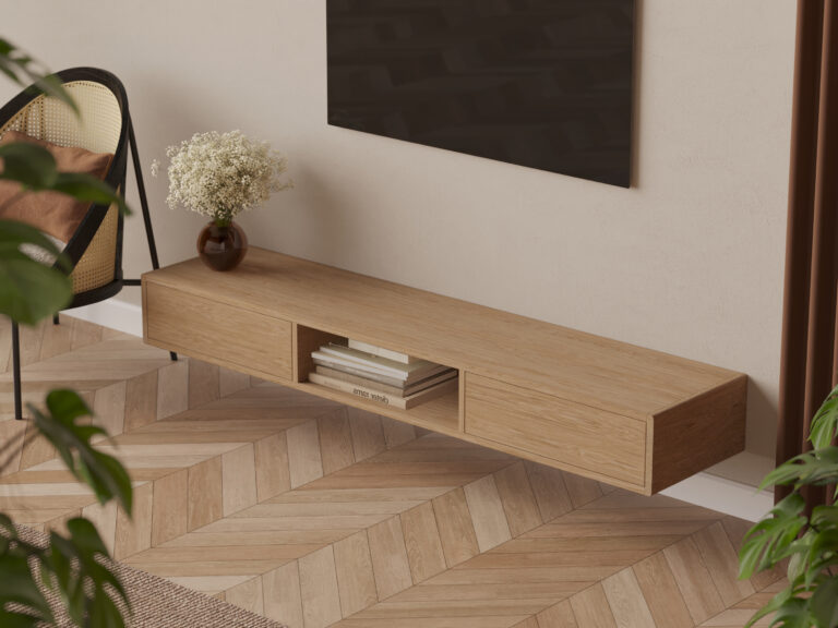 Závesný TV stolík z masívneho duba so zaoblenými hranami, 200 cm