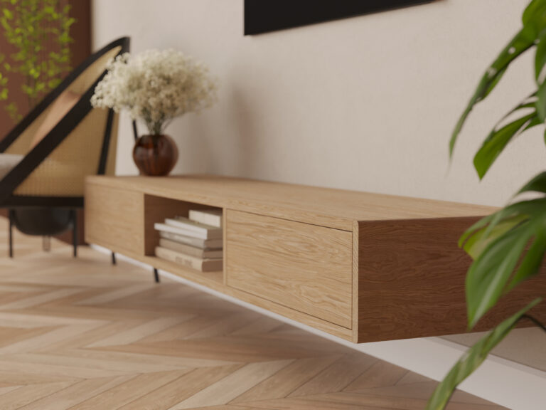 Závesný TV stolík z masívneho duba so zaoblenými hranami, 200 cm