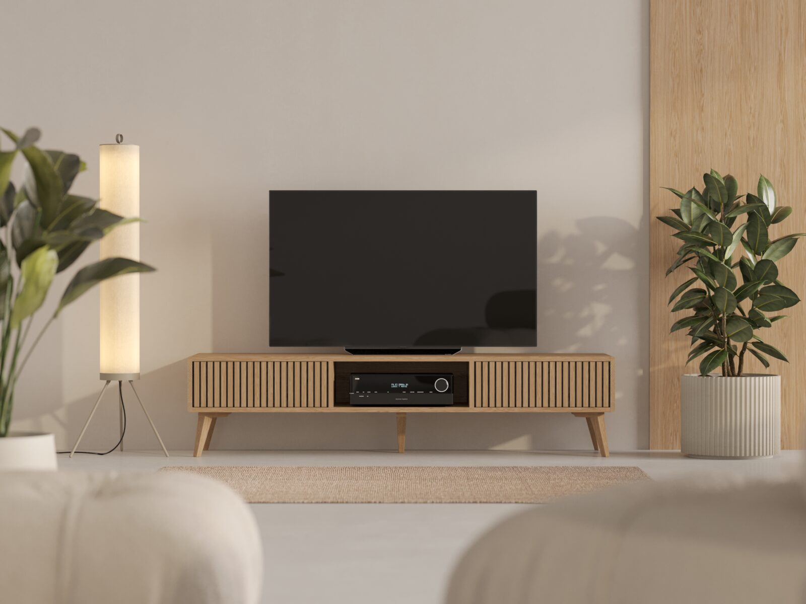 Dubový TV stolík s lamelovým dubovým čelom s dvierkami, 180 cm