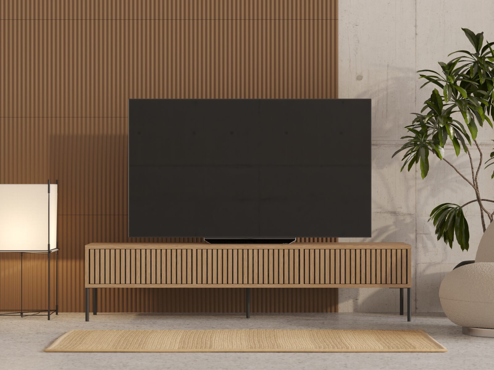 Dubový TV stolík s lamelovým dubovým čelom s dvierkami, 180 cm