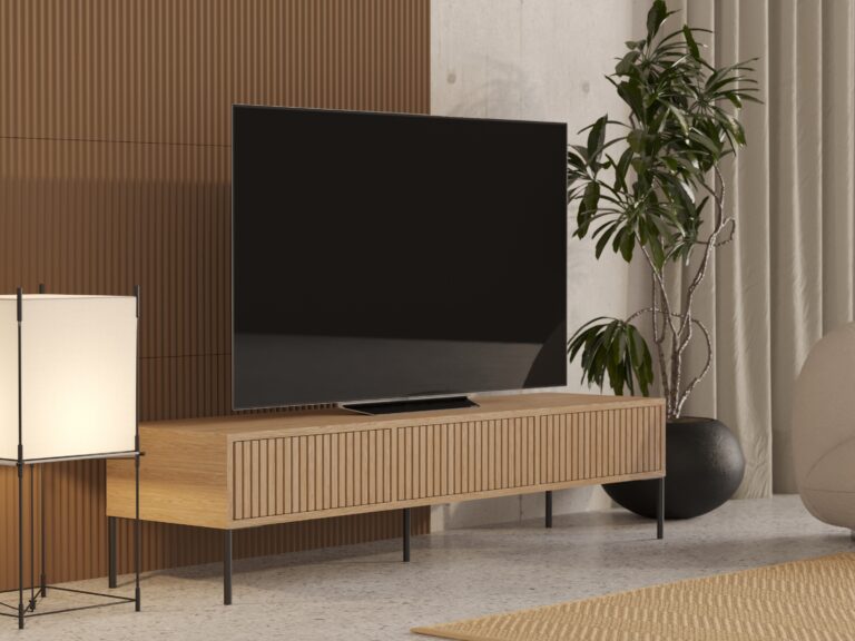 Dubový TV stolík s lamelovým dubovým čelom s dvierkami, 180 cm