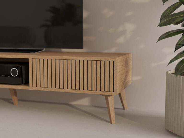 Dubový TV stolík s lamelovým dubovým čelom s dvierkami, 180 cm