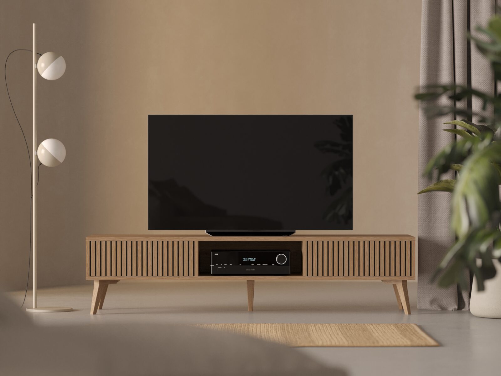 Moderný dubový TV stolík s lamelovým dubovým čelom s dvierkami, 180 x 45 cm