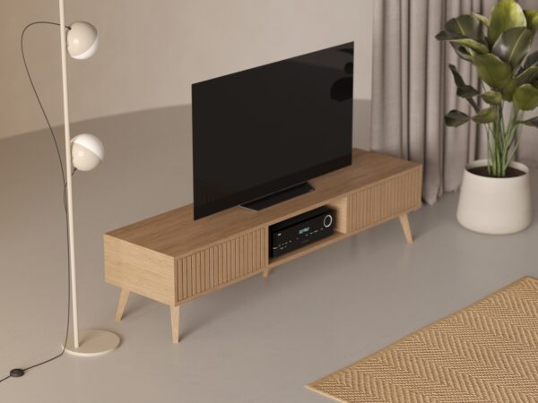 Moderný dubový TV stolík s lamelovým dubovým čelom s dvierkami, 180 x 45 cm
