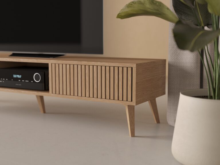 Moderný dubový TV stolík s lamelovým dubovým čelom s dvierkami, 180 x 45 cm
