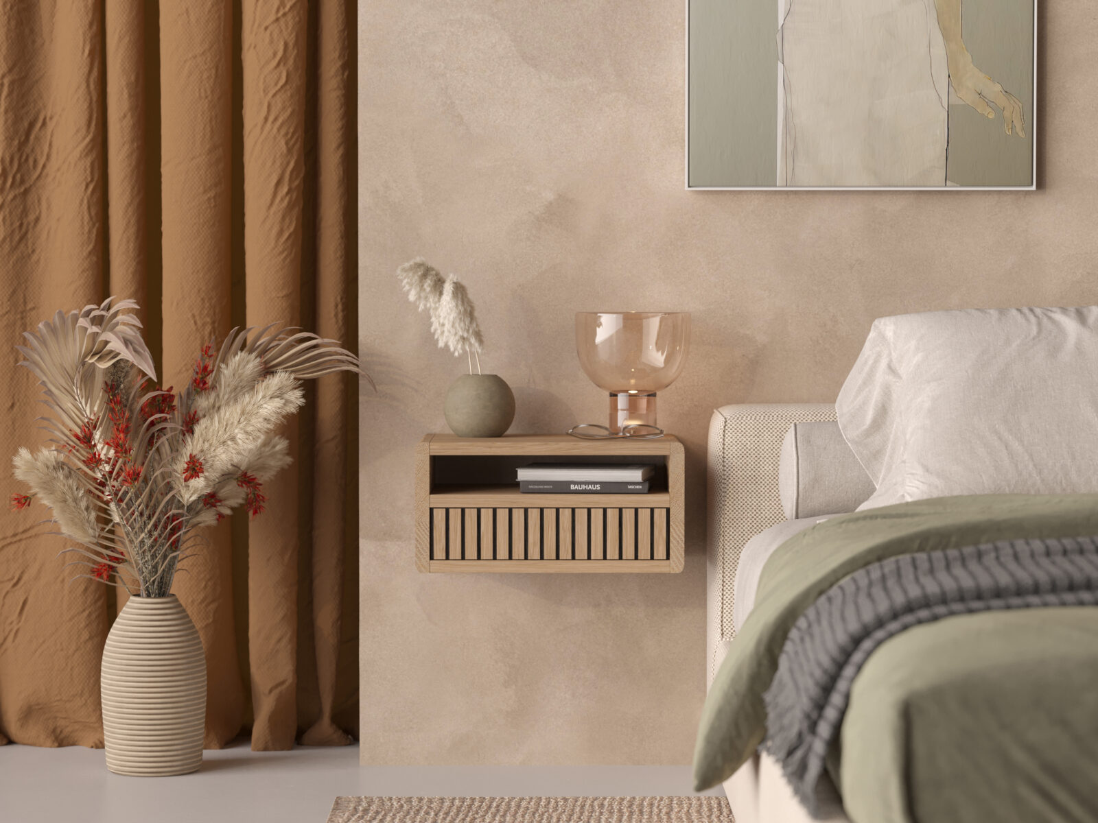 Závesný dubový nočný stolík s lamelovým dubovým čelom so zaoblenými hranami