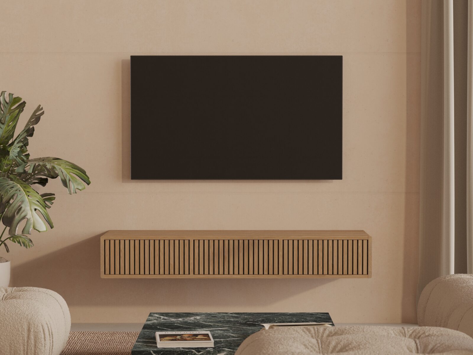 Závesný TV stolík z masívneho duba s lamelovým dubovým čelom s dvierkami, 150 cm