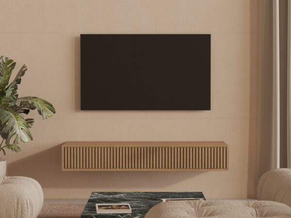 Závesný TV stolík z masívneho duba s lamelovým dubovým čelom s dvierkami, 150 cm