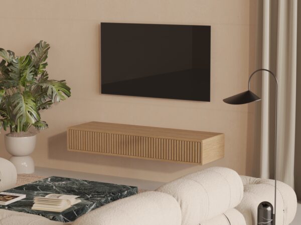 Závesný TV stolík z masívneho duba s lamelovým dubovým čelom s dvierkami, 150 cm