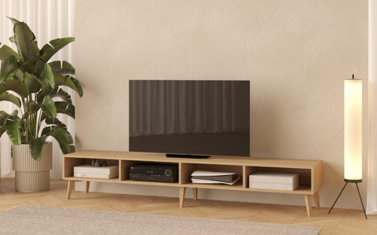 Drevený TV stolík s úložným priestorom, 240 x 45 cm