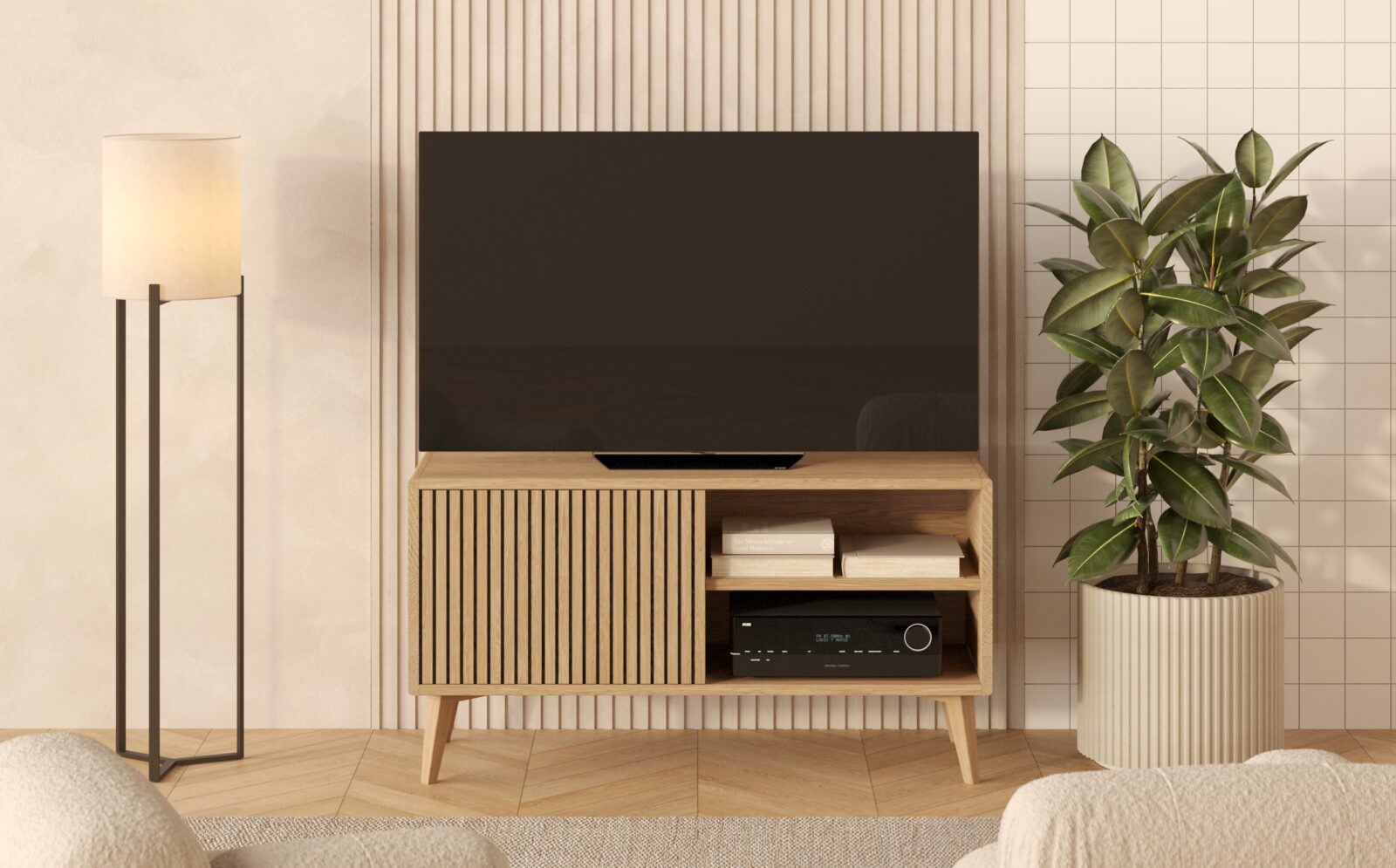 Kompaktný dubový TV stolík s lamelovým dubovým čelom s dvierkami, 120 x 45 cm