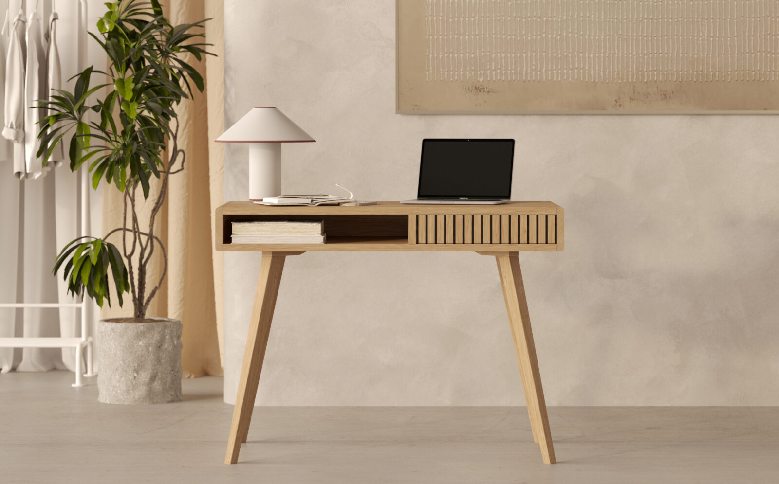 Moderný dubový písací stôl s lamelovým dubovým čelom, 100 cm