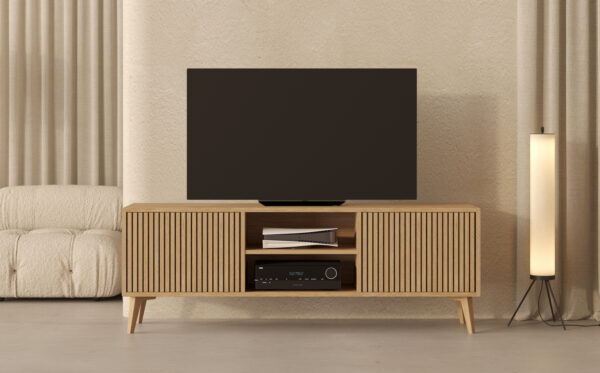 Moderný veľký dubový TV stolík s lamelovým dubovým čelom s dvierkami, 180 cm