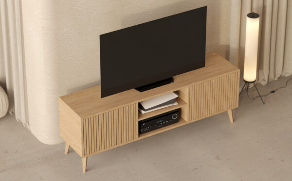 Moderný veľký dubový TV stolík s lamelovým dubovým čelom s dvierkami, 180 cm