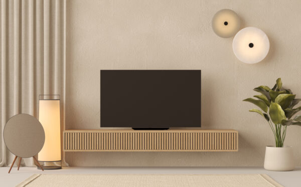 Moderný závesný dubový TV stolík s lamelovým dubovým čelom s dvierkami, 200 cm