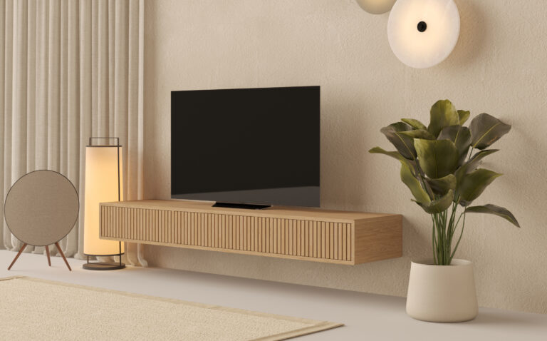 Moderný závesný dubový TV stolík s lamelovým dubovým čelom s dvierkami, 200 cm