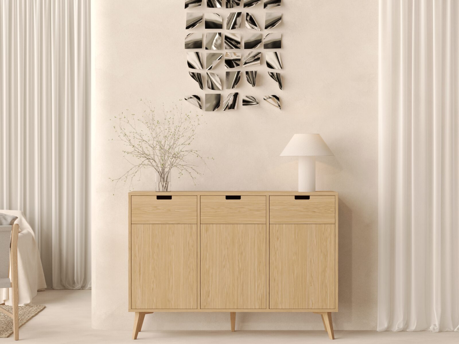 Veľký drevený príborník so zásuvkami s dvierkami, 143 x 40 cm
