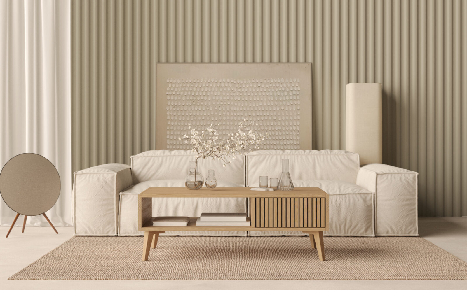 Veľký nízky obdĺžnikový dubový konferenčný stolík s lamelovým dubovým čelom, 120 x 60 cm