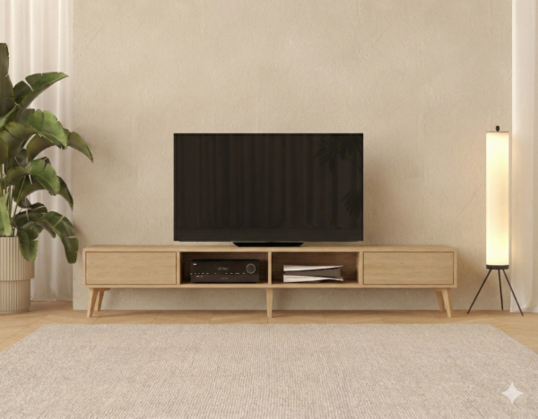 Dlhý drevený TV stolík s dvierkami s otvorenou policou, 240 cm