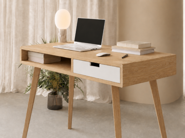 Drevený písací stôl s bielym čelom zásuvky s otvorenou policou, 100 cm